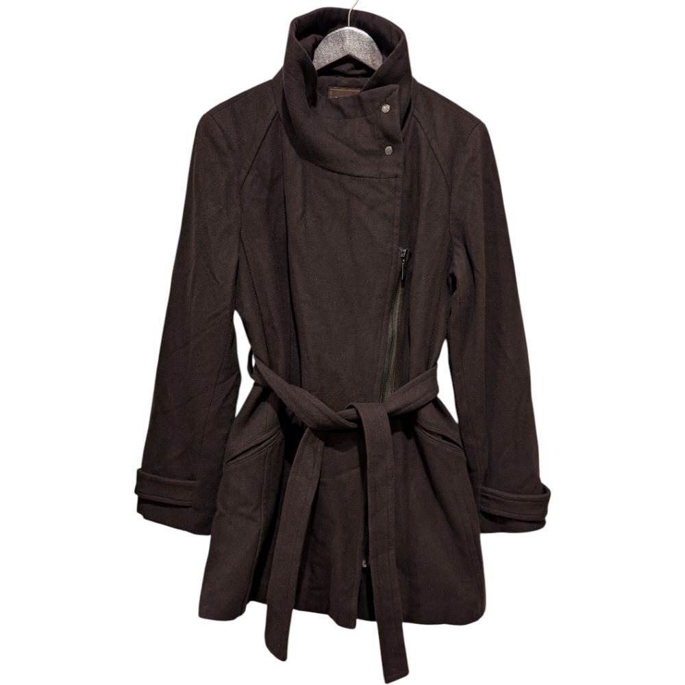 Cole Haan Brown Wool Blend Asymmetrical Zip Belted Coat - Size XL